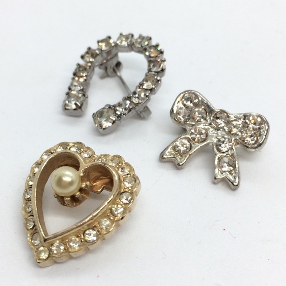 3/$30 BUNDLE VINTAGE HEART BOW HORSESHOE RHINESTONE PINS SET 3 SILVER GOLD TONE - Picture 4 of 6